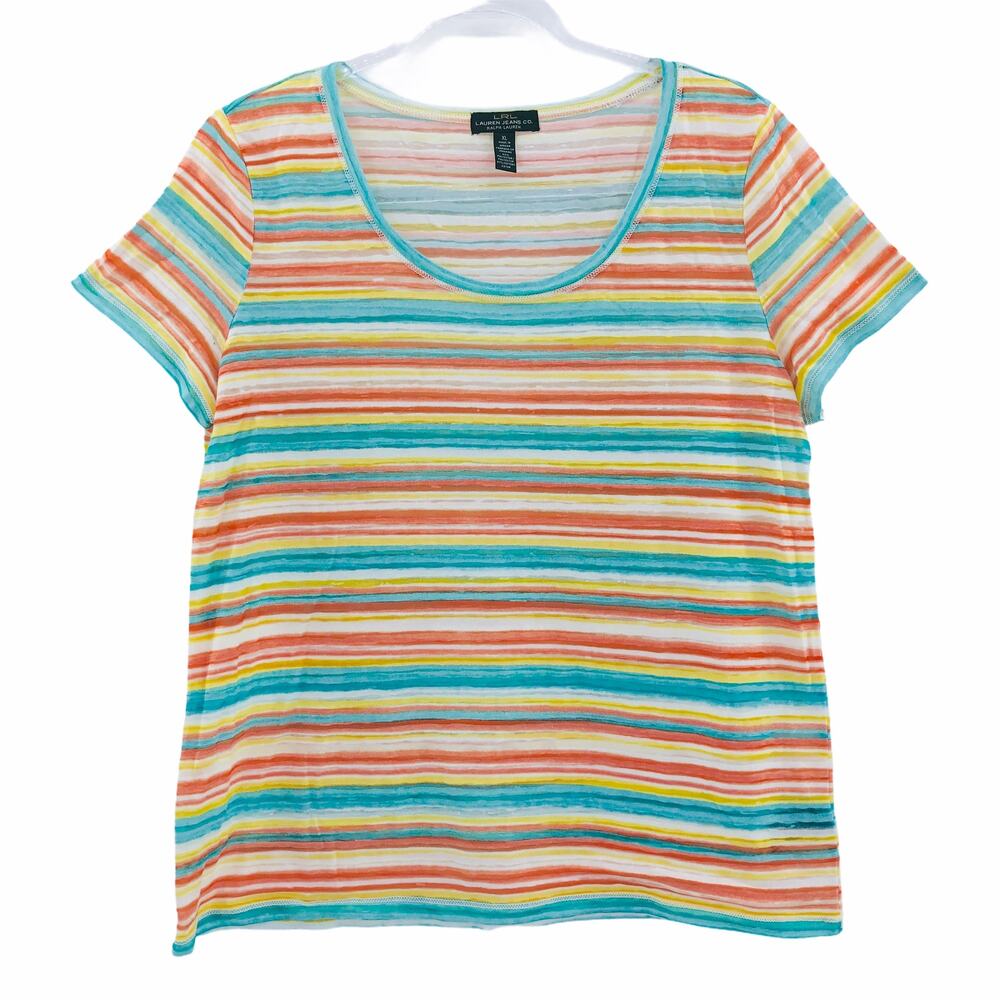 Lauren Ralph Lauren XL Striped Orange Blue Burnout Tee Scoop Neck Sheer Shirt